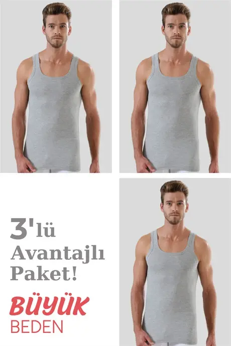 Gri 3'lü Paket Erkek Büyük Beden Atlet %100 Pamuk - BÜYÜKBEDENIZ