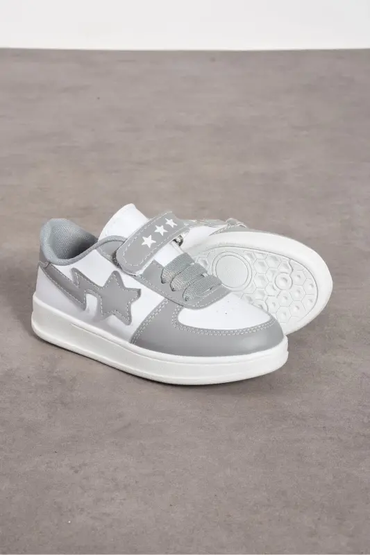 Gri-beyaz Unisex Cırtlı Spor Rahat Ve Konforlu Okul Ayakkabısı - GRi-BEYAZ - GALYA SHOES