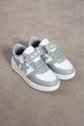 Gri-beyaz Unisex Cırtlı Spor Rahat Ve Konforlu Okul Ayakkabısı - GRi-BEYAZ - 3