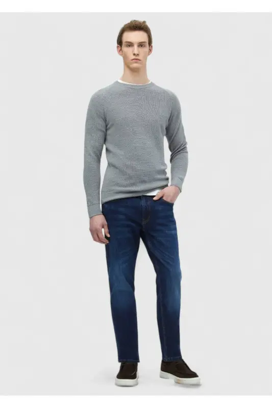 Gri Bisiklet Yaka Jakarlı Yün Karışımlı Triko Kazak-Gri - 2