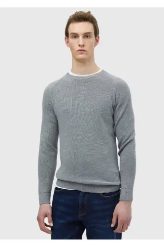 Gri Bisiklet Yaka Jakarlı Yün Karışımlı Triko Kazak-Gri - 3