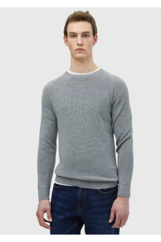 Gri Bisiklet Yaka Jakarlı Yün Karışımlı Triko Kazak-Gri - 3