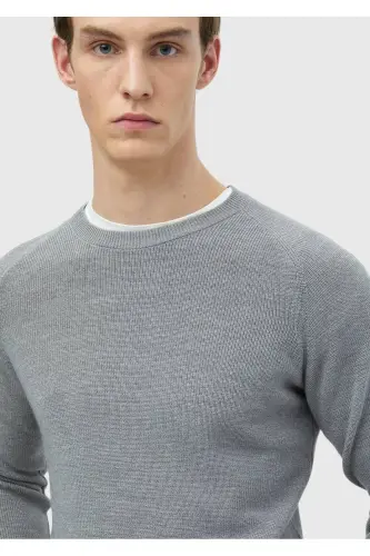 Gri Bisiklet Yaka Jakarlı Yün Karışımlı Triko Kazak-Gri - 4