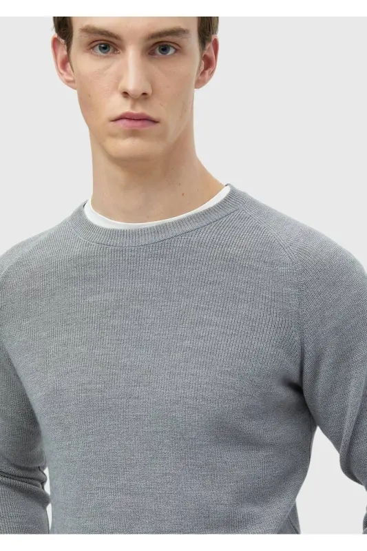 Gri Bisiklet Yaka Jakarlı Yün Karışımlı Triko Kazak-Gri - 4