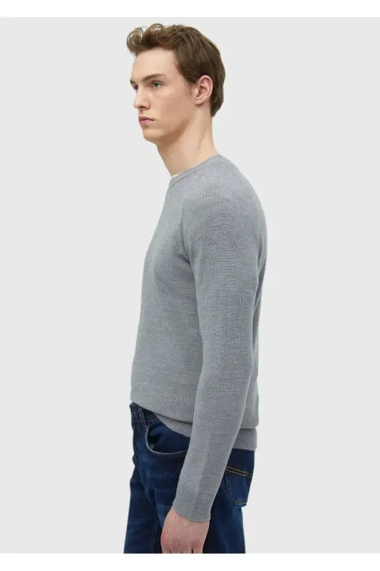 Gri Bisiklet Yaka Jakarlı Yün Karışımlı Triko Kazak-Gri - 5