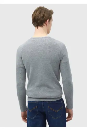 Gri Bisiklet Yaka Jakarlı Yün Karışımlı Triko Kazak-Gri - 6