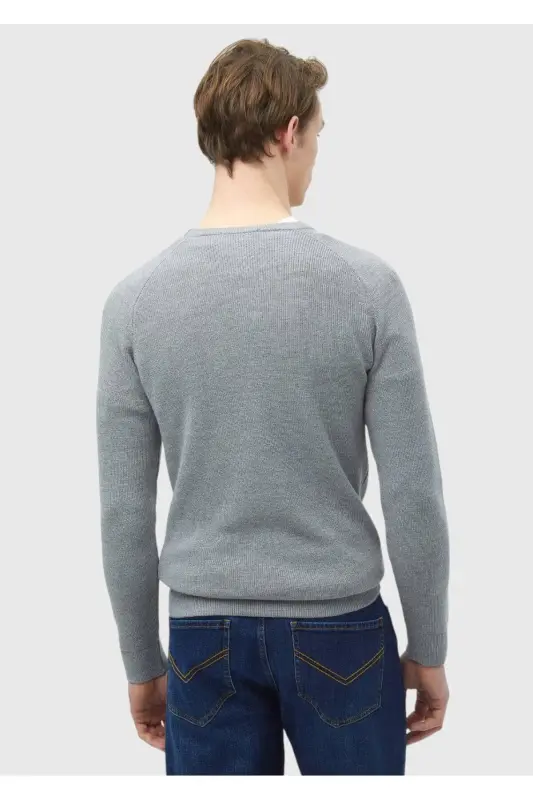 Gri Bisiklet Yaka Jakarlı Yün Karışımlı Triko Kazak-Gri - 6