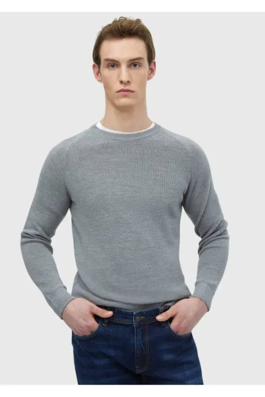 Gri Bisiklet Yaka Jakarlı Yün Karışımlı Triko Kazak-Gri - RAMSEY