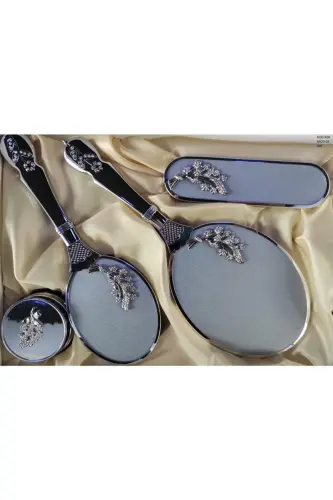 Gri Çiçek Desenli Ayna Tarak Seti-GRİ - AMOR WOMEN AYNA TARAK (1)