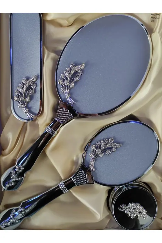 Gri Çiçek Desenli Ayna Tarak Seti-GRİ - 1