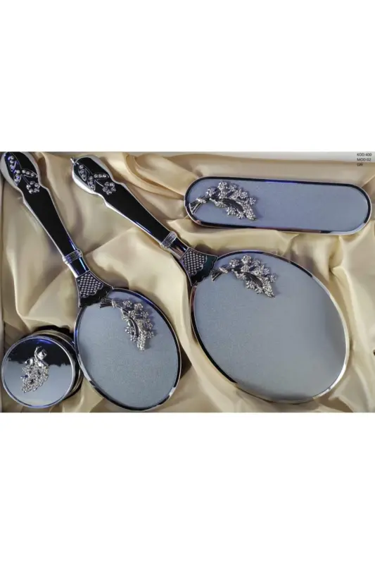 Gri Çiçek Desenli Ayna Tarak Seti-GRİ - 2