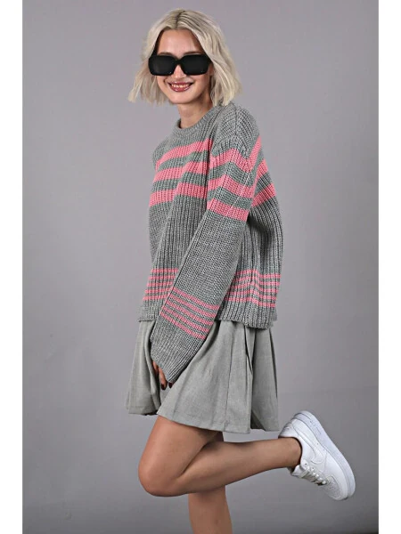 Gri Çizgili Triko Kazak Mg1585-Gri - Modazone