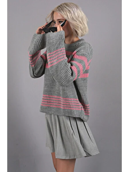 Gri Çizgili Triko Kazak Mg1585-Gri - Modazone (1)