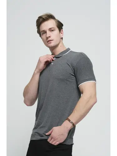 Gri Colton Yakası Biyeli Likralı Slim Fit Erkek Polo Yaka Tişört-Gri - LC WAIKIKI (1)