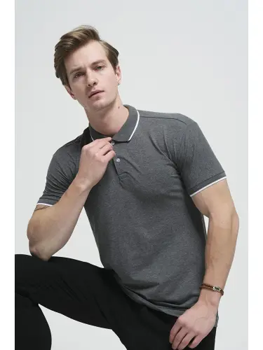 Gri Colton Yakası Biyeli Likralı Slim Fit Erkek Polo Yaka Tişört-Gri - 1