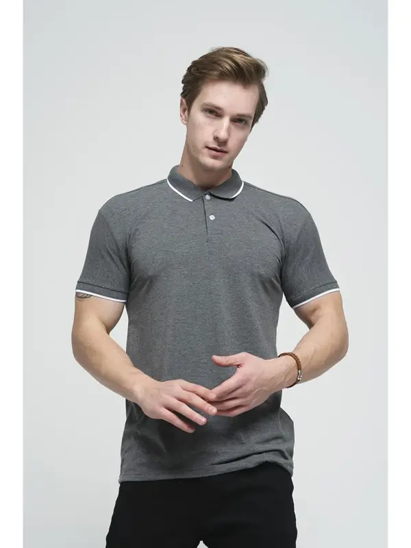 Gri Colton Yakası Biyeli Likralı Slim Fit Erkek Polo Yaka Tişört-Gri - 3