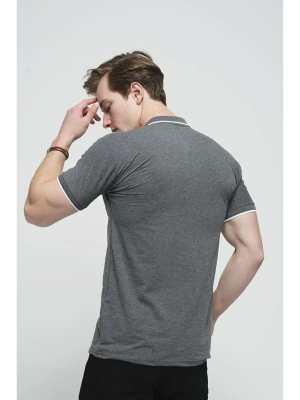 Gri Colton Yakası Biyeli Likralı Slim Fit Erkek Polo Yaka Tişört-Gri - 4