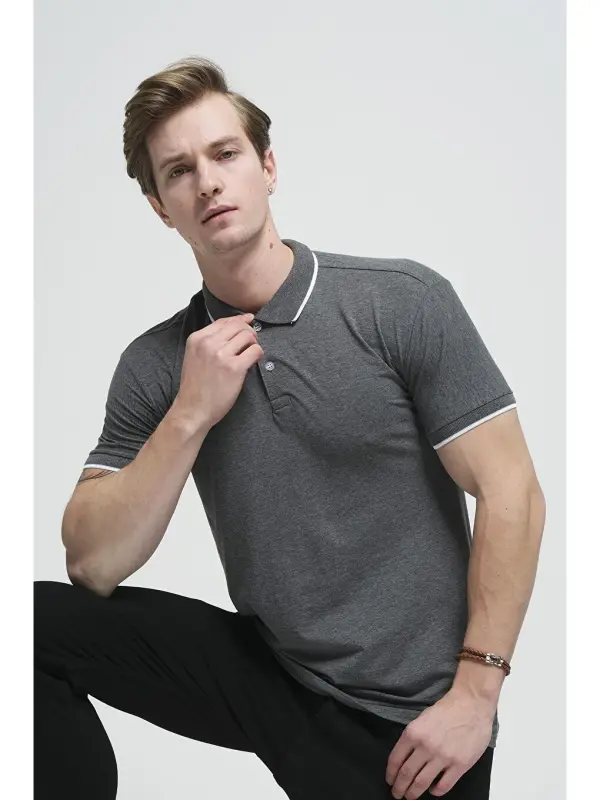 Gri Colton Yakası Biyeli Likralı Slim Fit Erkek Polo Yaka Tişört-Gri - LC WAIKIKI