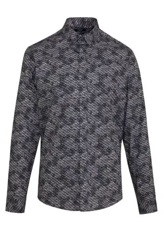 Gri Comfort Fit Baskılı 100% Pamuk Düğmeli Yaka Uzun Kollu Casual Gömlek - GRİ B.1 - 1