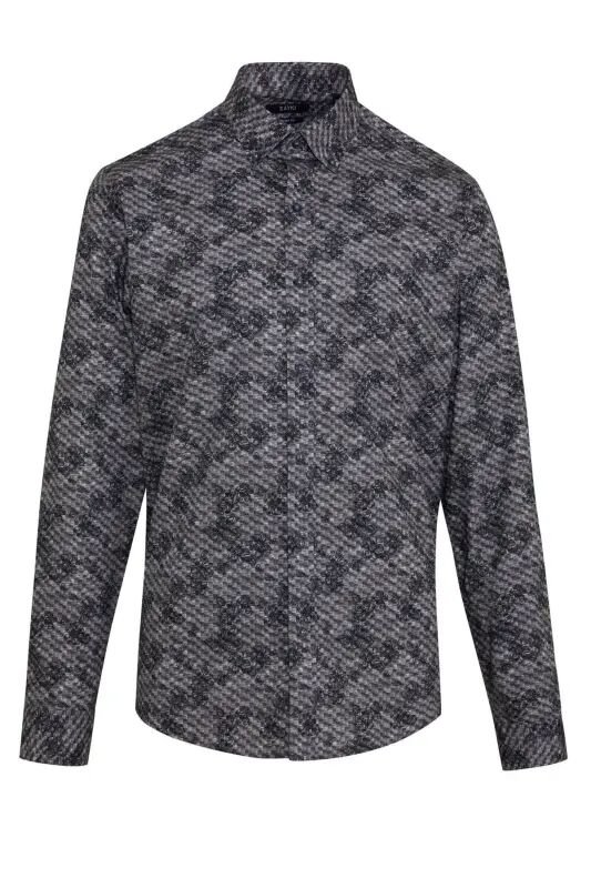 Gri Comfort Fit Baskılı 100% Pamuk Düğmeli Yaka Uzun Kollu Casual Gömlek - GRİ B.1 - 1