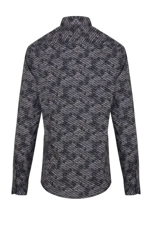 Gri Comfort Fit Baskılı 100% Pamuk Düğmeli Yaka Uzun Kollu Casual Gömlek - GRİ B.1 - 2