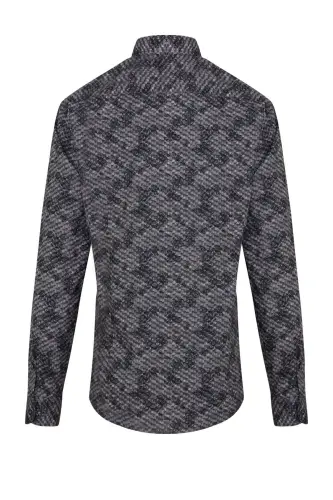 Gri Comfort Fit Baskılı 100% Pamuk Düğmeli Yaka Uzun Kollu Casual Gömlek - GRİ B.1 - Hatemoğlu (1)