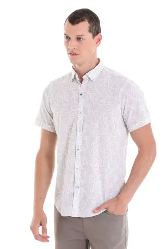 Gri Comfort Fit Baskılı Düğmeli Yaka 100% Pamuklu Kısa Kollu Casual Gömlek-Gri - 1