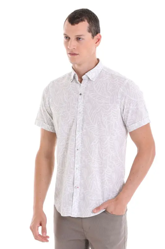 Gri Comfort Fit Baskılı Düğmeli Yaka 100% Pamuklu Kısa Kollu Casual Gömlek-Gri - HATEMOĞLU