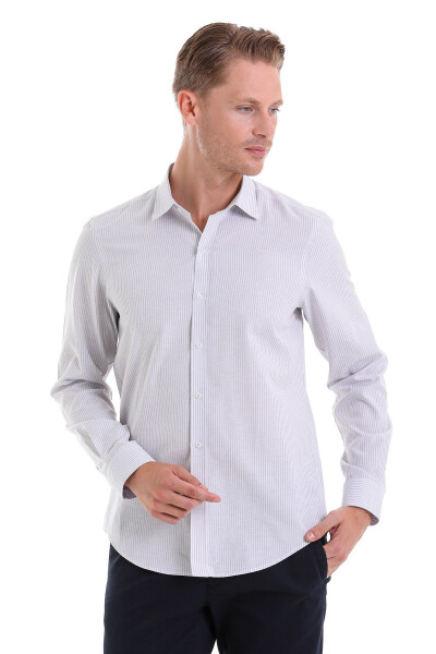 Gri Comfort Fit Çizgili Pamuklu Slim Yaka Uzun Kollu Spor Gömlek-Gri Ç. 