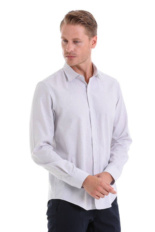 Gri Comfort Fit Çizgili Pamuklu Slim Yaka Uzun Kollu Spor Gömlek - Gri Ç. - 3