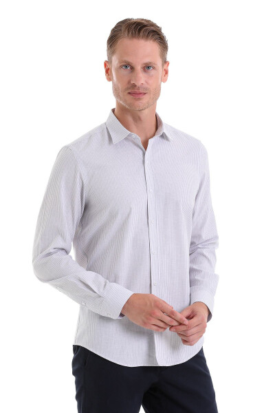 Gri Comfort Fit Çizgili Pamuklu Slim Yaka Uzun Kollu Spor Gömlek - Gri Ç. - 4
