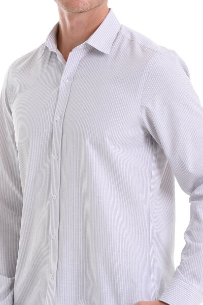 Gri Comfort Fit Çizgili Pamuklu Slim Yaka Uzun Kollu Spor Gömlek - Gri Ç. - 5