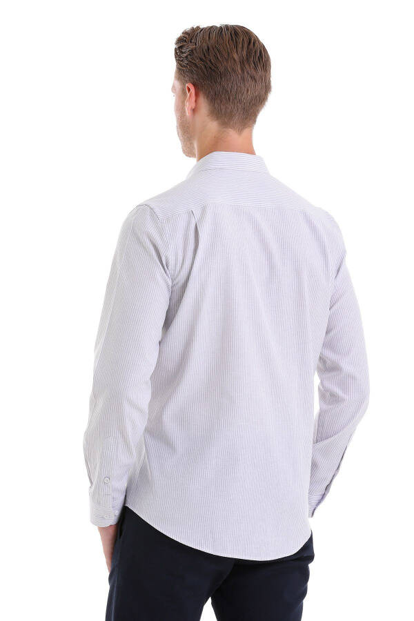 Gri Comfort Fit Çizgili Pamuklu Slim Yaka Uzun Kollu Spor Gömlek - Gri Ç. - 6