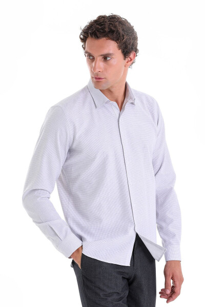 Gri Comfort Fit Çizgili Pamuklu Slim Yaka Uzun Kollu Casual Gömlek - Gri K. - HATEMOĞLU (1)