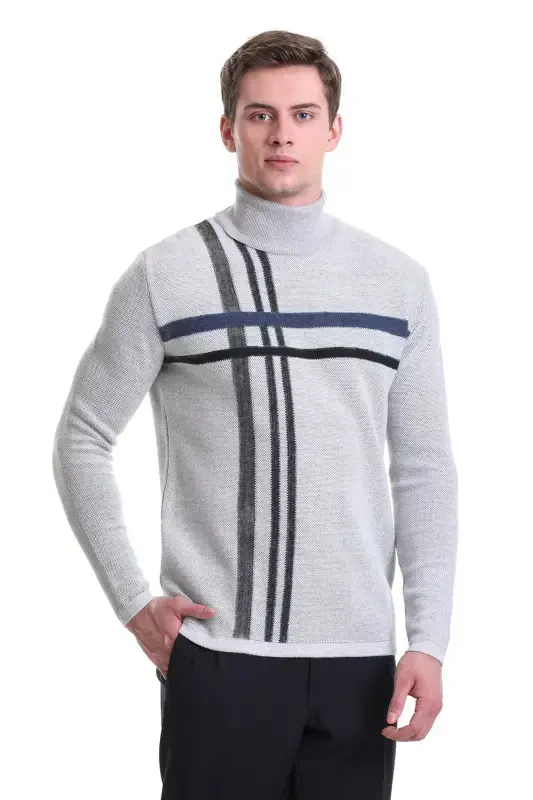 Gri Comfort Fit Desenli Balıkçı Yaka Yünlü Triko Kazak-Gri - HATEMOĞLU