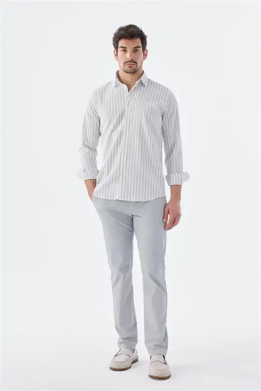 Gri Comfort Fit Desenli Esnek Kumaş Pamuklu Spor Gömlek - 2