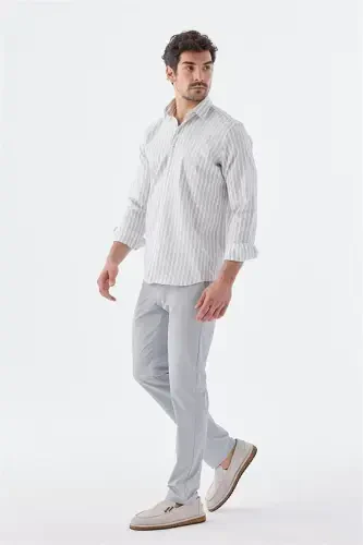 Gri Comfort Fit Desenli Esnek Kumaş Pamuklu Spor Gömlek - 3