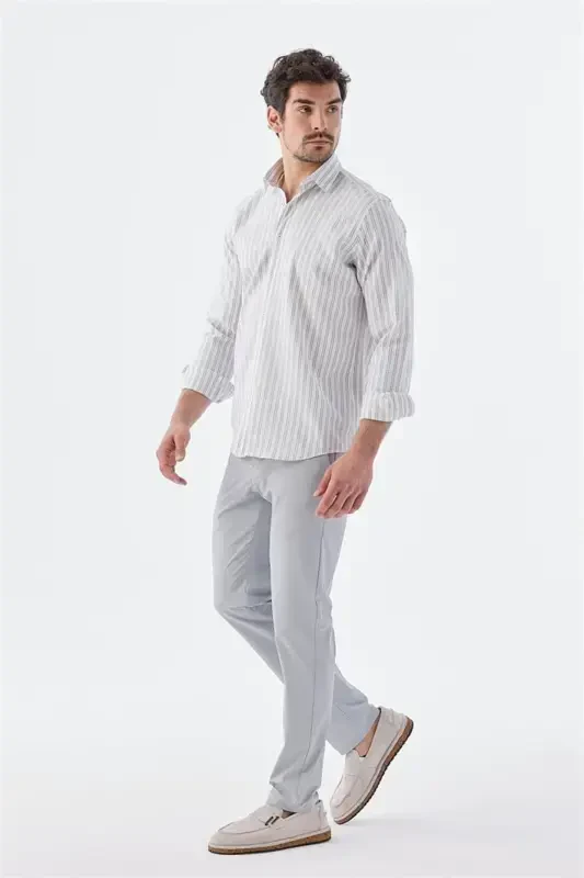 Gri Comfort Fit Desenli Esnek Kumaş Pamuklu Spor Gömlek - 3