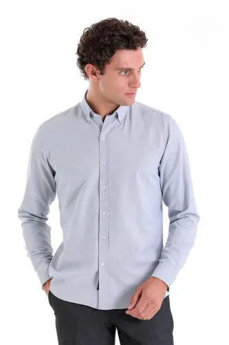 Gri Comfort Fit Düz Düğmeli Yaka Uzun Kollu Casual Oxford Gömlek - Gri - Hatemoğlu (1)