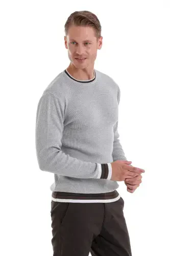 Gri Comfort Fit Düz Pamuklu Bisiklet Yaka Casual Triko Kazak-A.Gri - 3