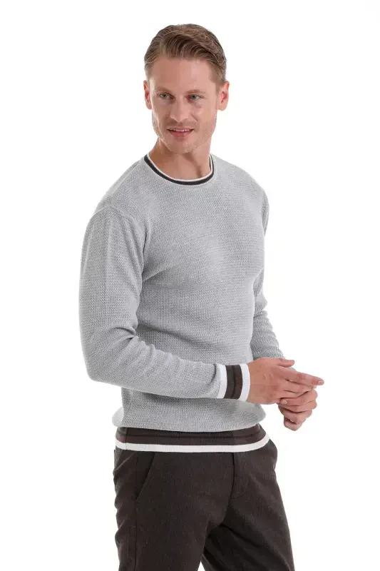 Gri Comfort Fit Düz Pamuklu Bisiklet Yaka Casual Triko Kazak-A.Gri - 3