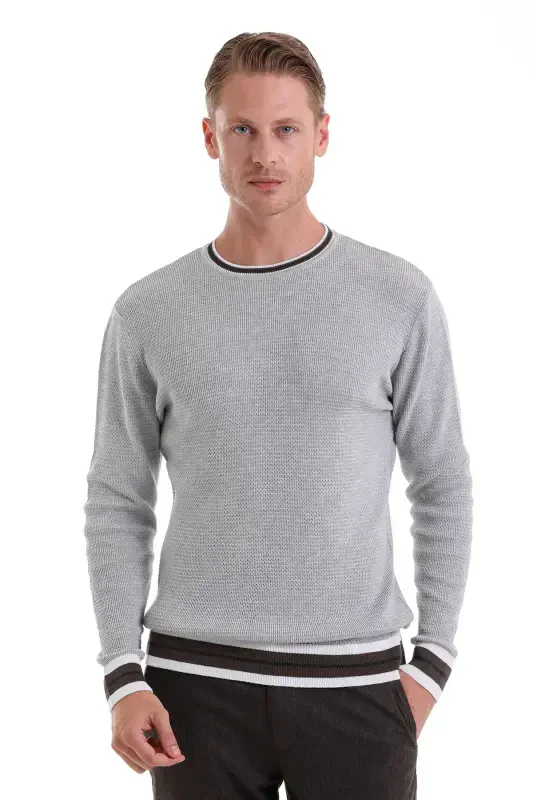 Gri Comfort Fit Düz Pamuklu Bisiklet Yaka Casual Triko Kazak-A.Gri - 5