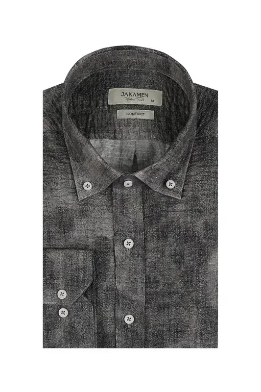 Gri Comfort Fit Gofre Kumaş Düğmeli Yaka Desenli Gömlek - 1