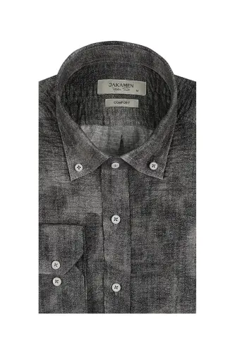 Gri Comfort Fit Gofre Kumaş Düğmeli Yaka Desenli Gömlek 