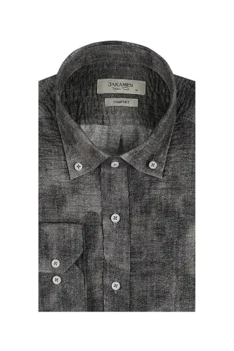 Gri Comfort Fit Gofre Kumaş Düğmeli Yaka Desenli Gömlek - 1