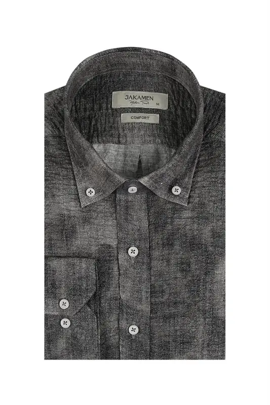 Gri Comfort Fit Gofre Kumaş Düğmeli Yaka Desenli Gömlek - 1