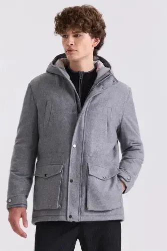 Grı Comfort Fit Kapüşonlu Yünlü Mont 