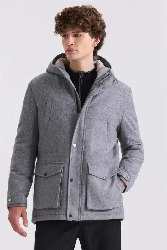 Grı Comfort Fit Kapüşonlu Yünlü Mont - 1