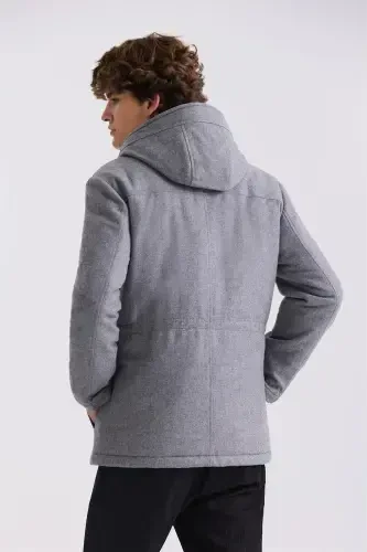 Grı Comfort Fit Kapüşonlu Yünlü Mont - 4