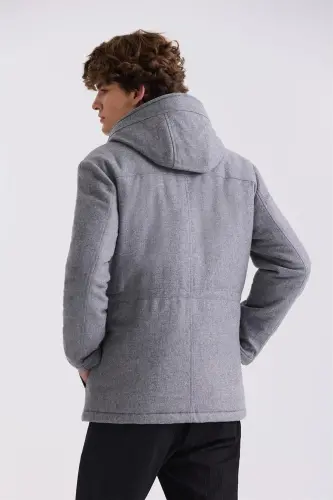 Grı Comfort Fit Kapüşonlu Yünlü Mont - 4